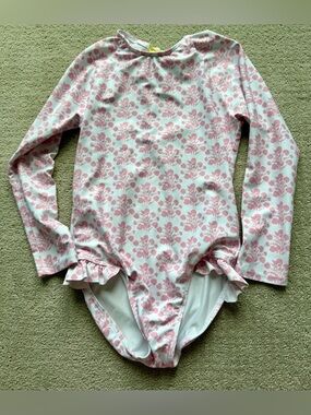 Minnow Girls Long Sleeve Pink Floral Ruffle One-Piece Swimsuit